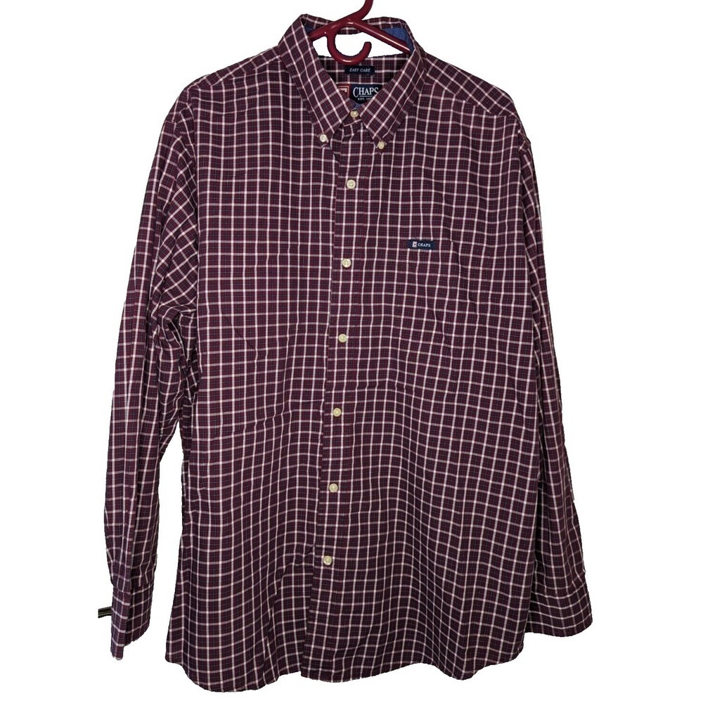 Chaps Men's XL Button Down Shirt Maroon White Plaid Long Sleeve Easy Care - Picture 2 of 6